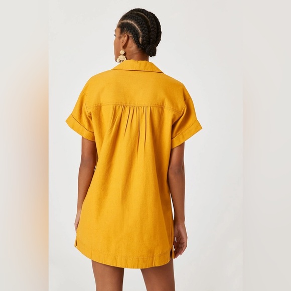 Pilcro linen tshirt dress mustard button down short sleeve collar lapel loose - Picture 4 of 10